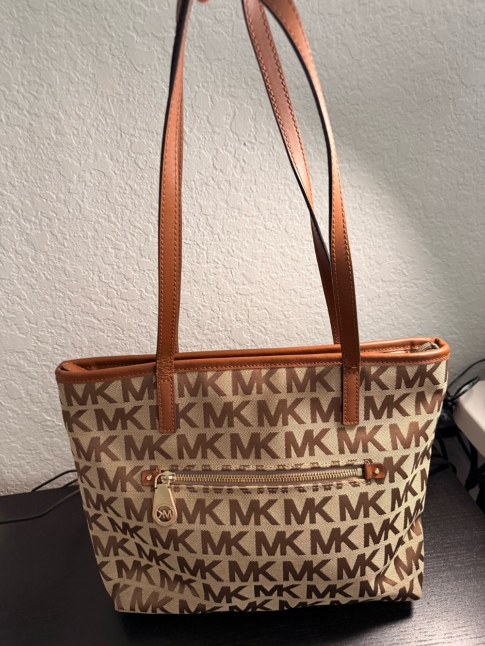 Michael Kors Tan & Cream MK Logo Tote with Gold Hardware